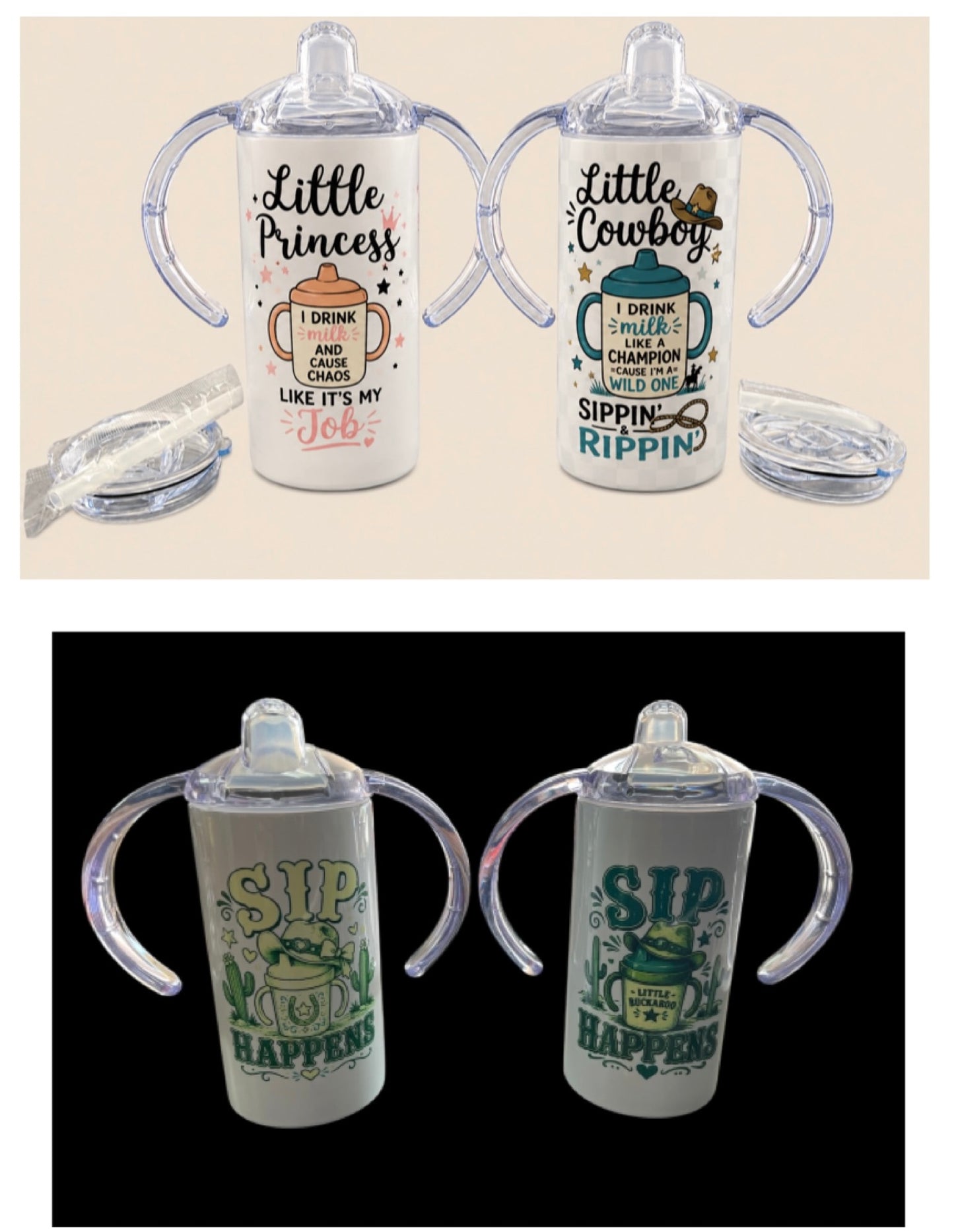 Custom Toddler Sippy Cups (includes cup, sippy lid with handles, tumbler lid, and a straw)