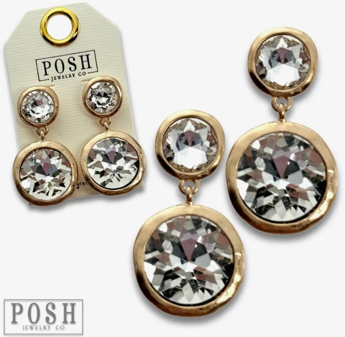 Rhinestone and Gold Post Dangle Earrings