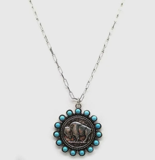 Western Buffalo Coin Turquoise Necklace