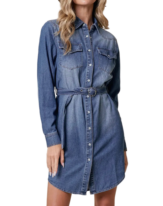 Western Denim Dress with Belt