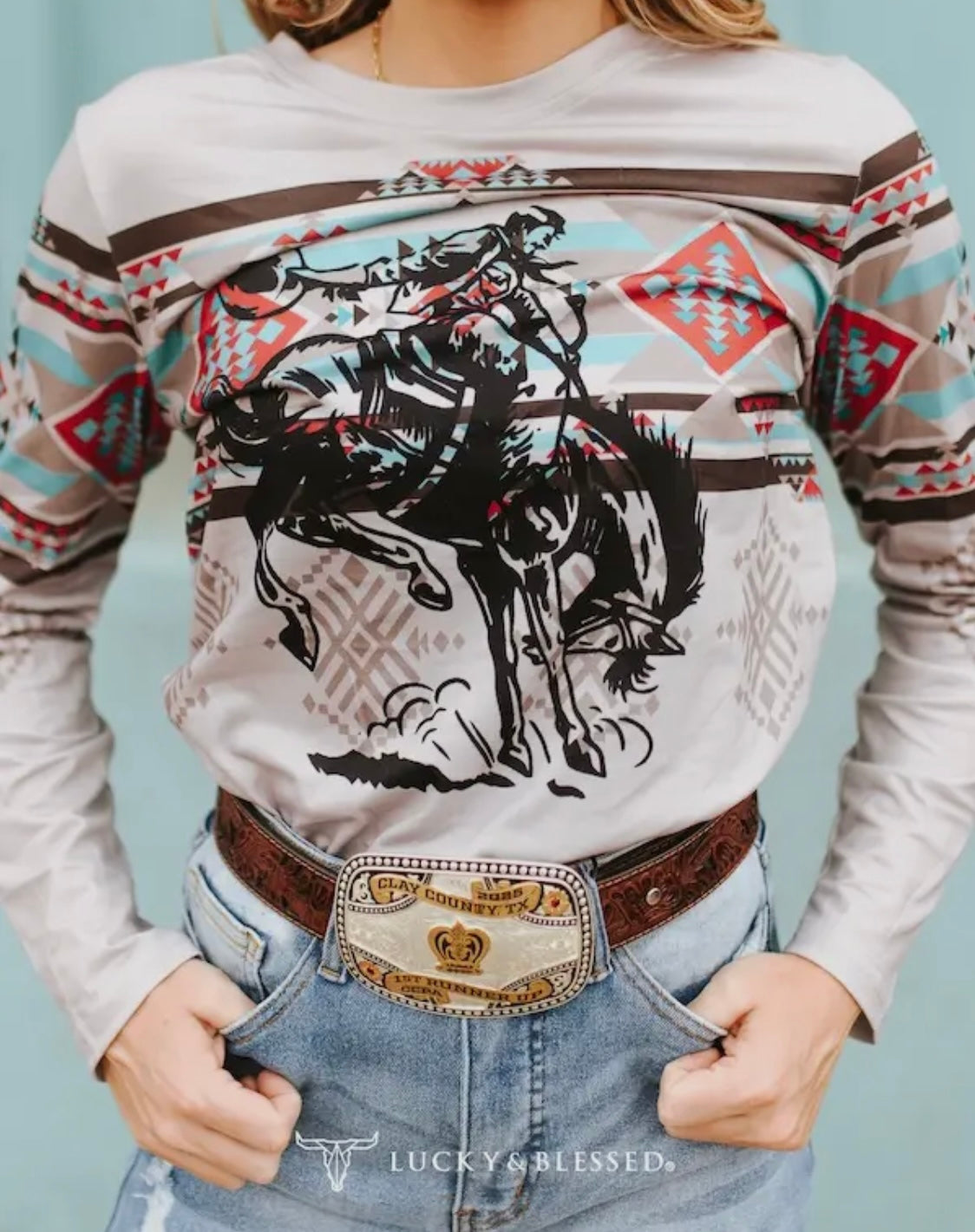Light Grey Aztec Bucking Horse Long Sleeve Top