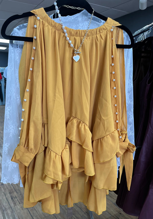 Ruffle Hem Beaded Split Sleeve Top