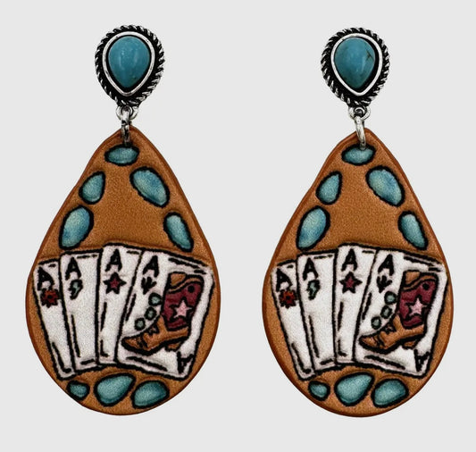 Tooled Leather Poker Card Aces Cowgirl Earrings