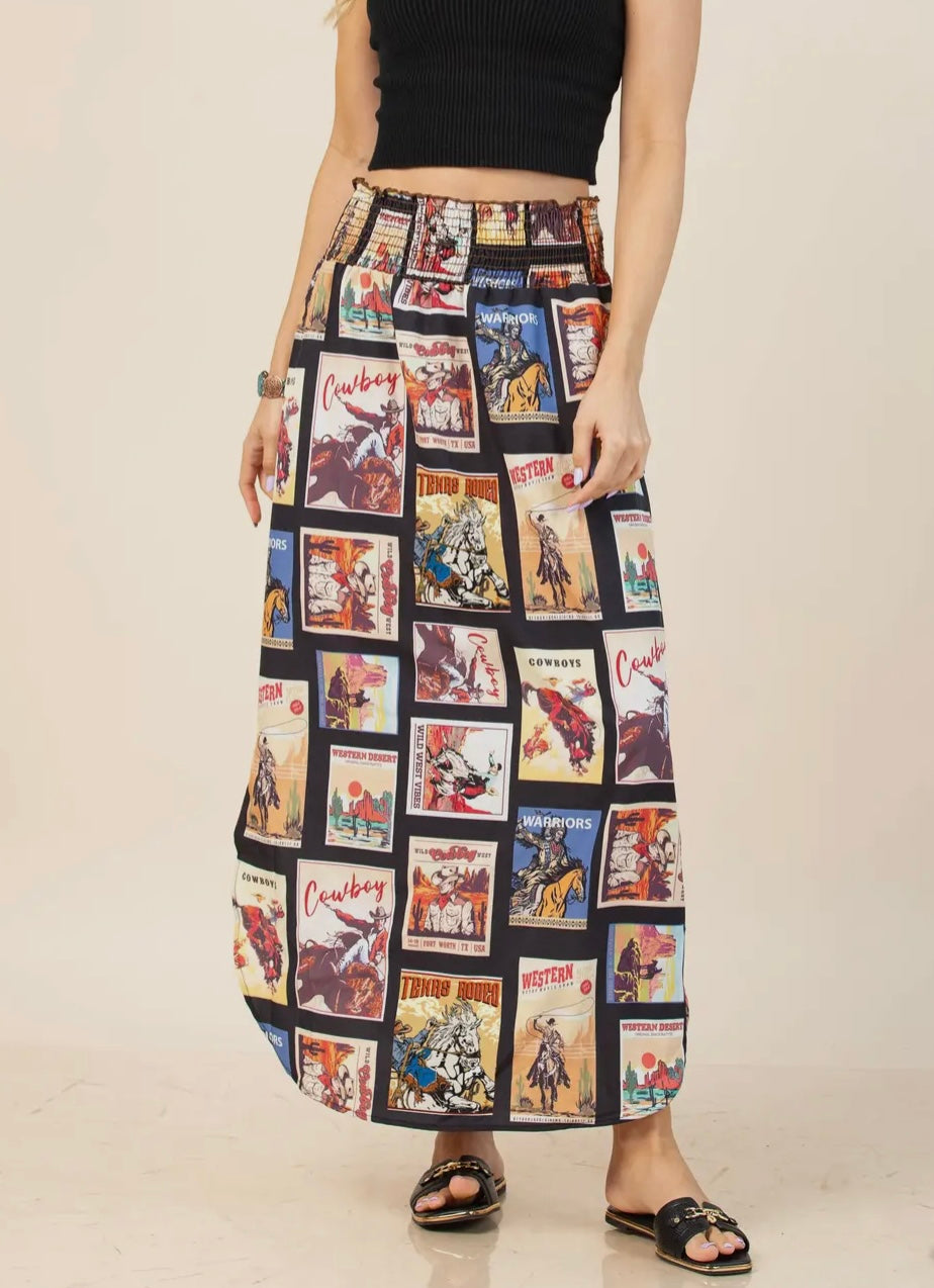 Western Print Elastic Waist Skirt