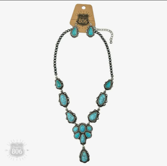 Western Stone Concho Necklace Set-Blue