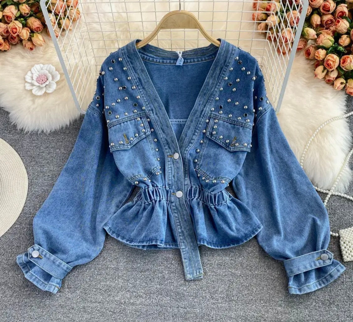 Beaded V-Neck Denim Jacket