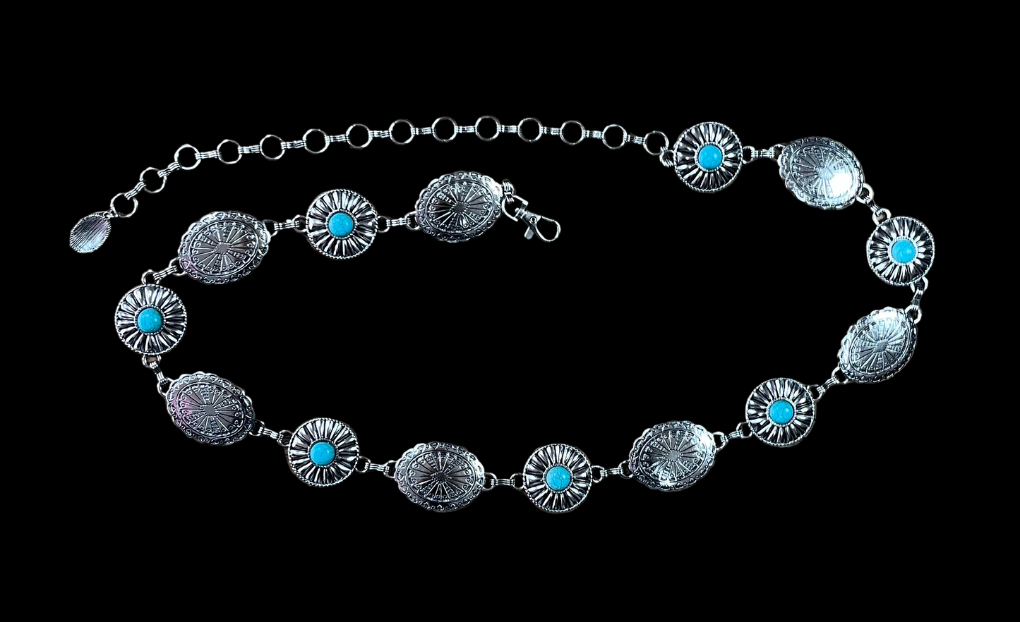 Montana West Etched Oval Stone Centered Concho Link Chain Belt - Turquoise