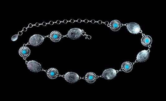 Montana West Etched Oval Stone Centered Concho Link Chain Belt - Turquoise