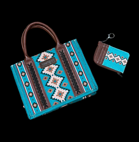 Wrangler Aztec Small Tote Crossbody & Card Case Set 2PC - Turquoise