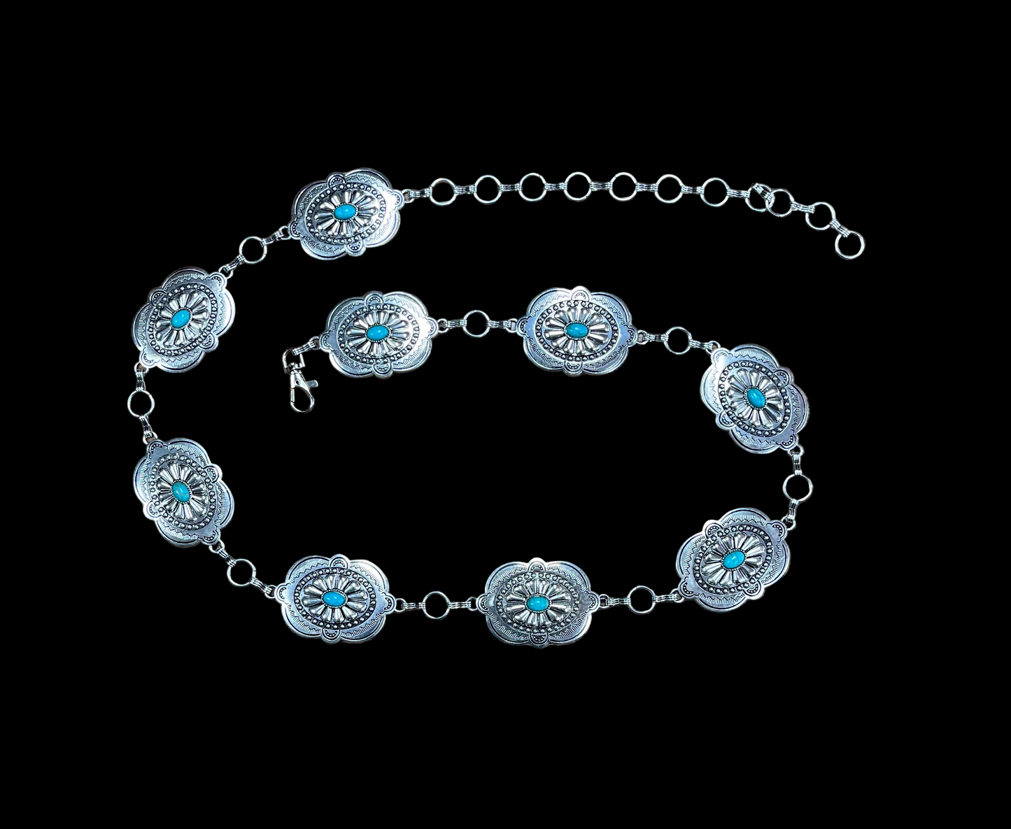 Montana West Etched Oval Stone Centered Concho Link Chain Belt - Turquoise