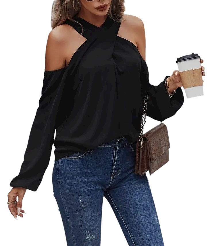 Cross Open Shoulder Loose Fit Blouse