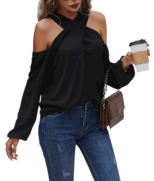 Cross Open Shoulder Loose Fit Blouse