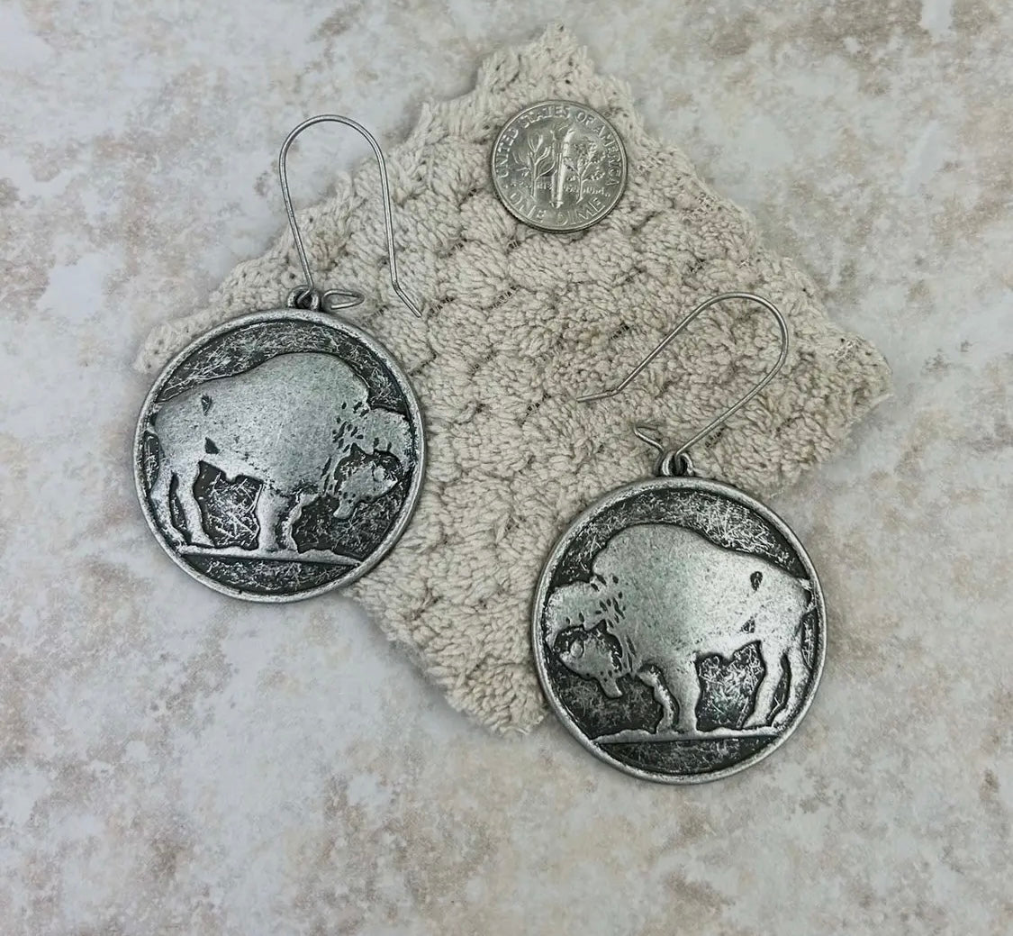 Antique Silver Buffalo Dangle Earrings