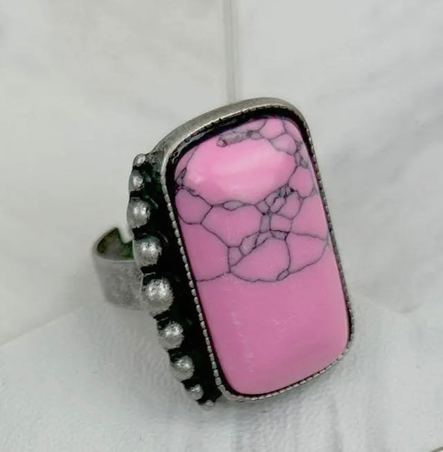Pink Turquoise Rectangle Adjustable Ring
