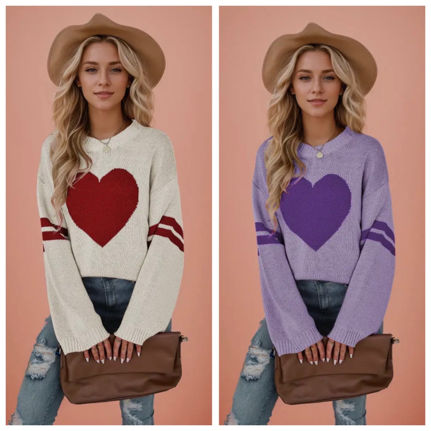 Crew Neck Knit Heart Sweater