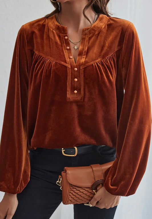 Lantern Sleeve V-Neck Velvet Top
