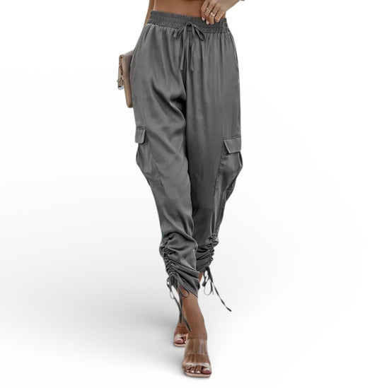 Grey Drawstring Flap Pocket Side Stacked Pants