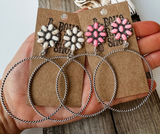 Western Pink Flower Stone Hoop Earrings