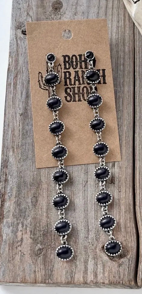 Western Linked Black Stone Long Drop Earrings