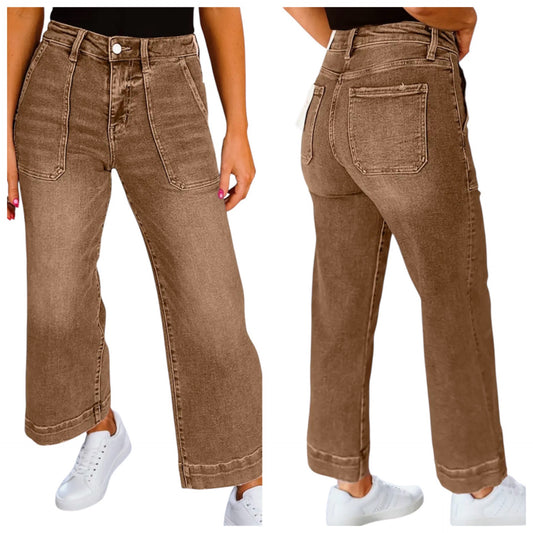 Cropped High Rise Wide Leg Brown Jeans