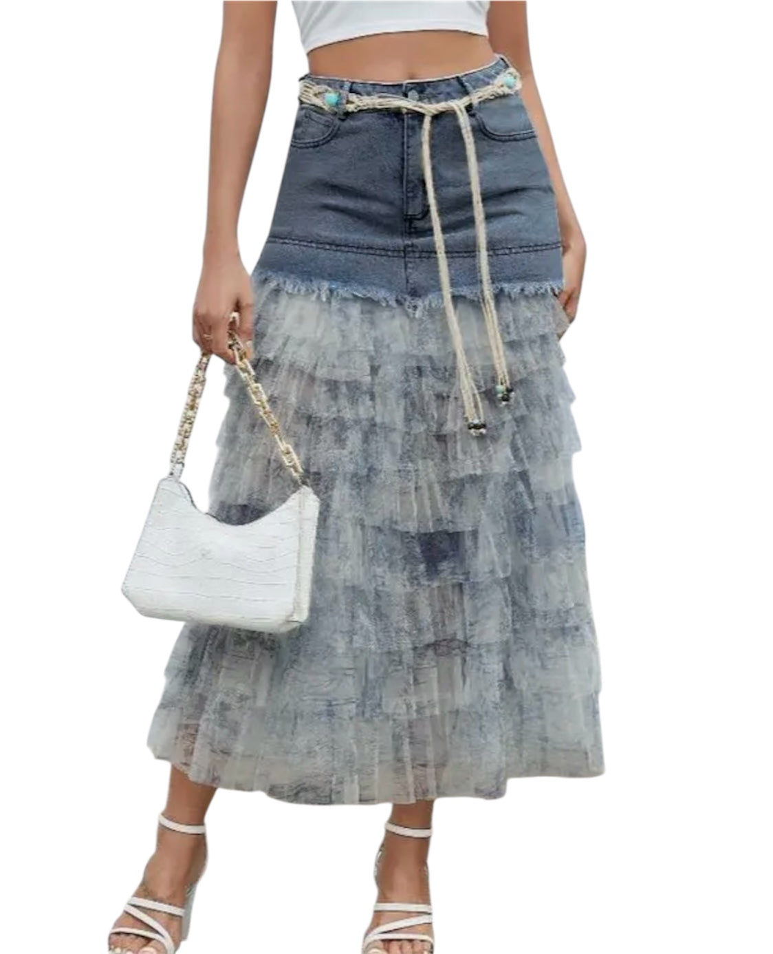 Ruffle Tiered Mesh & Denim Skirt