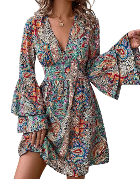 Boho V-Neck Flare Sleeve Dress