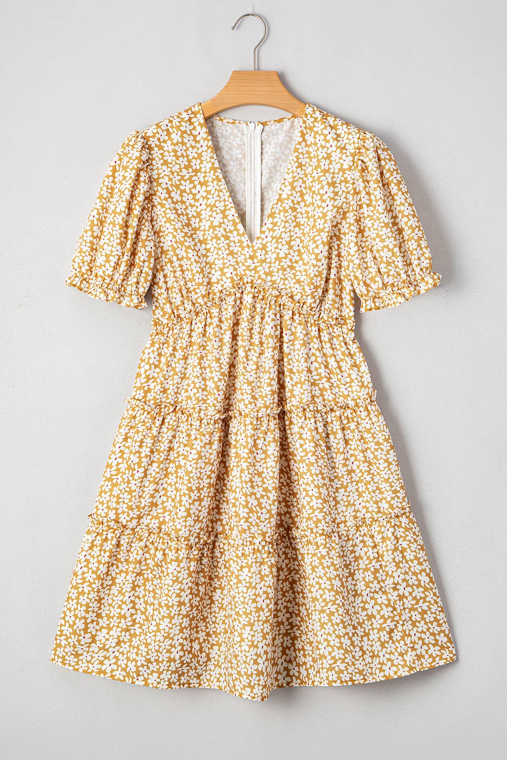 Floral Short Sleeve V Neck Frilly Tiered Mini Dress (S-XL)