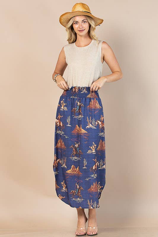 WILD WEST DENIM PRINT MAXI SKIRT