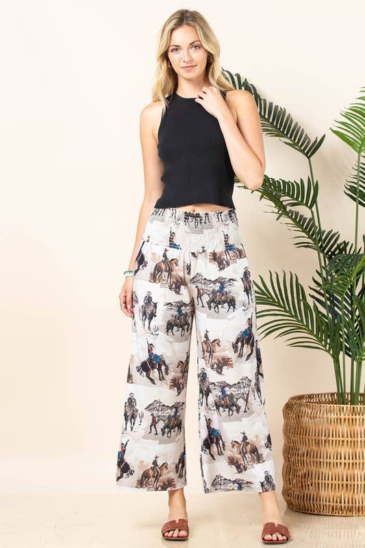 Western Print Elastic Smock Waist Pants