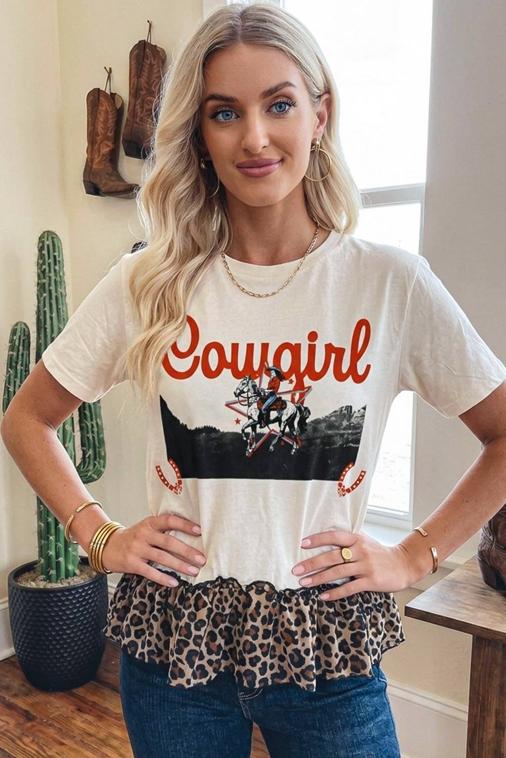 COWGIRL Western Leopard Ruffle Hem Patchwork Shirt (S-XL)