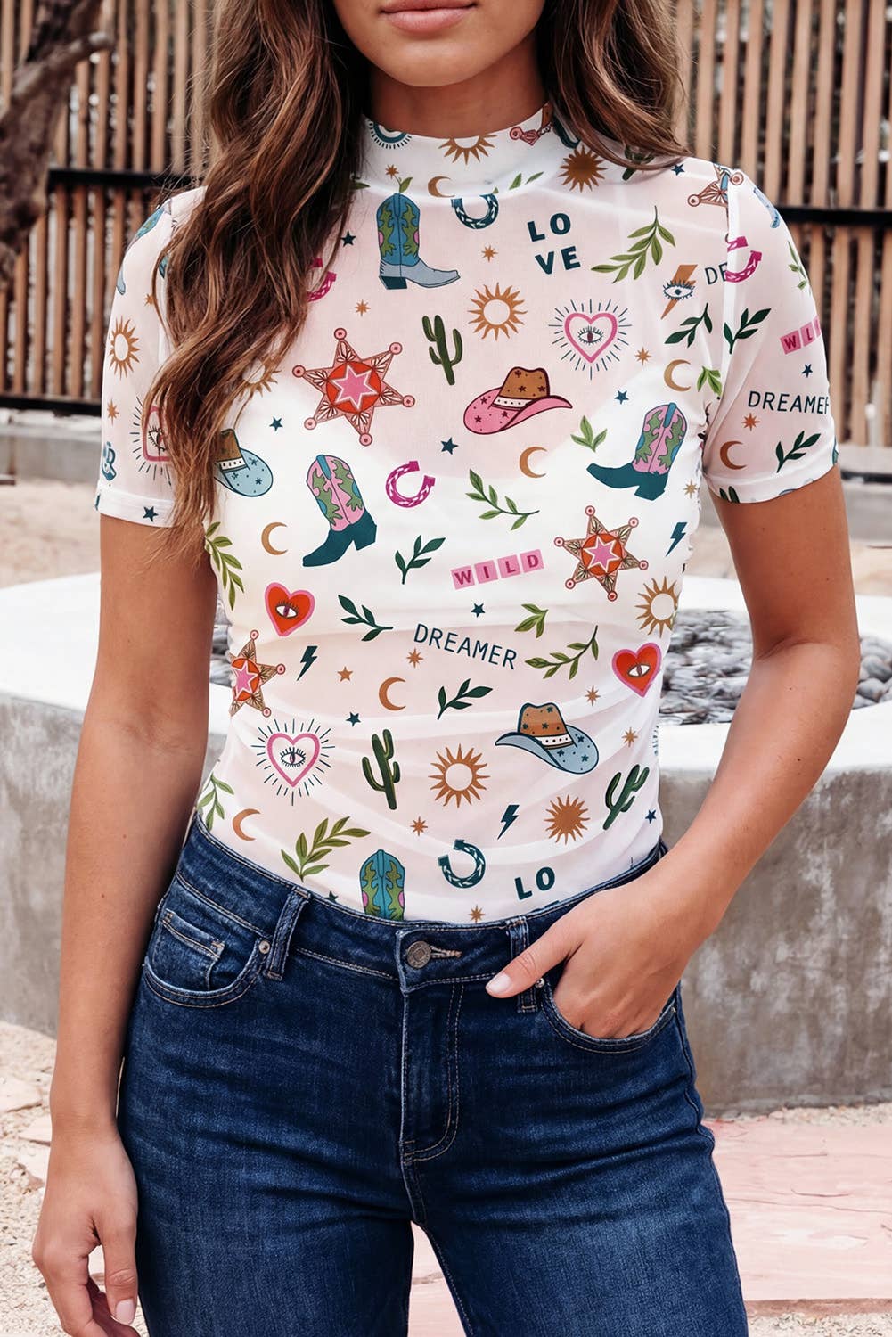 LOVE WILD DREAMER Western Print Sheer Mesh Top (S-XL)