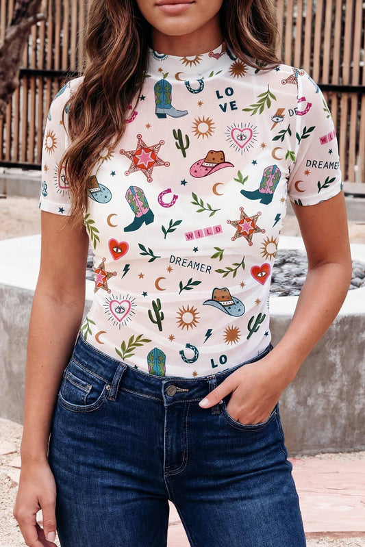 LOVE WILD DREAMER Western Print Sheer Mesh Top (S-XL)