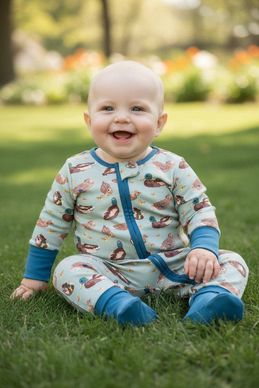 Green Mallard Duck printed baby romper w/foldable footie & hands.