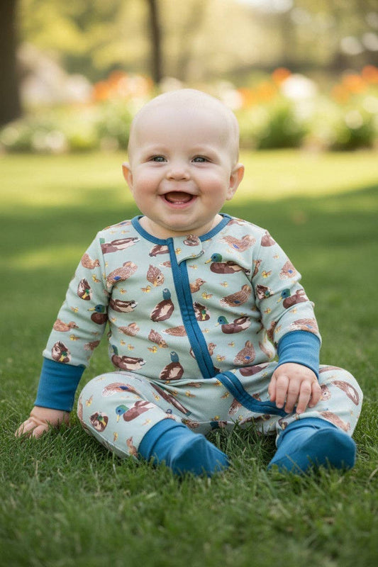Green Mallard Duck printed baby romper w/foldable footie & hands.
