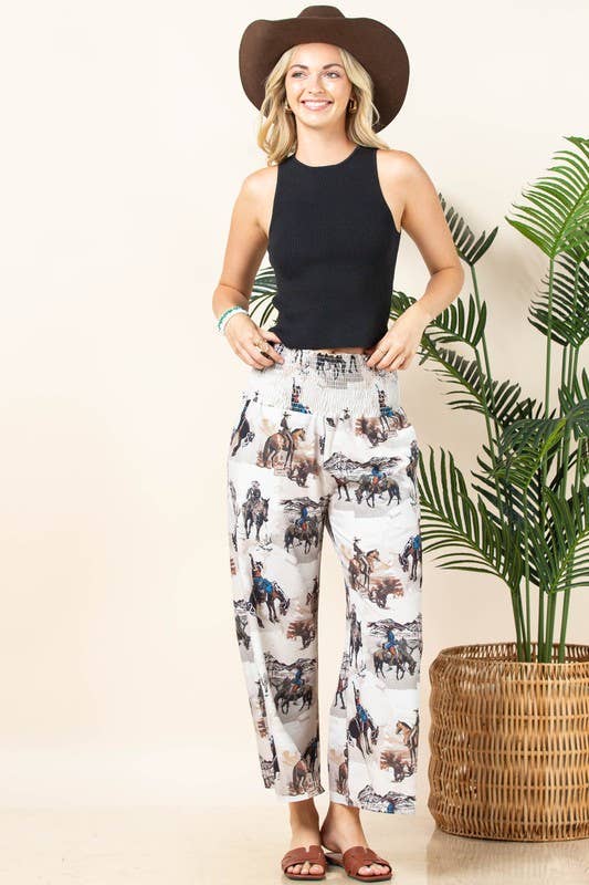 Western Print Elastic Smock Waist Pants