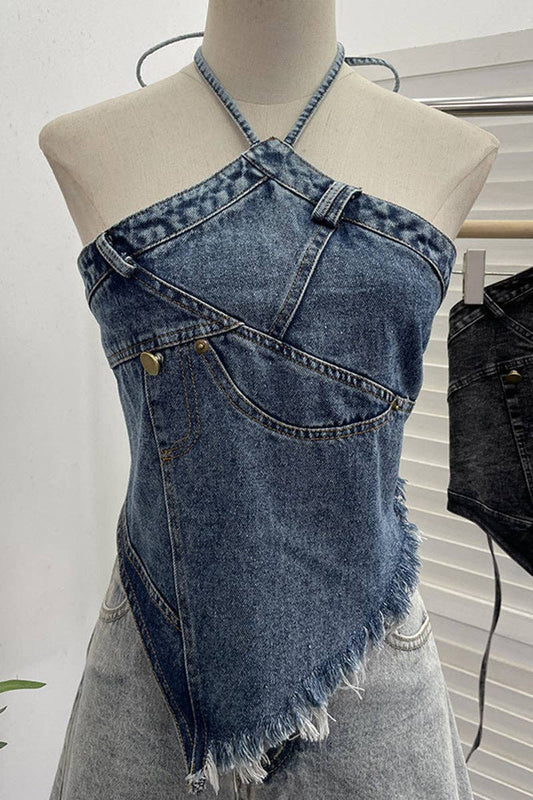 Frayed Hem Denim Halter Top