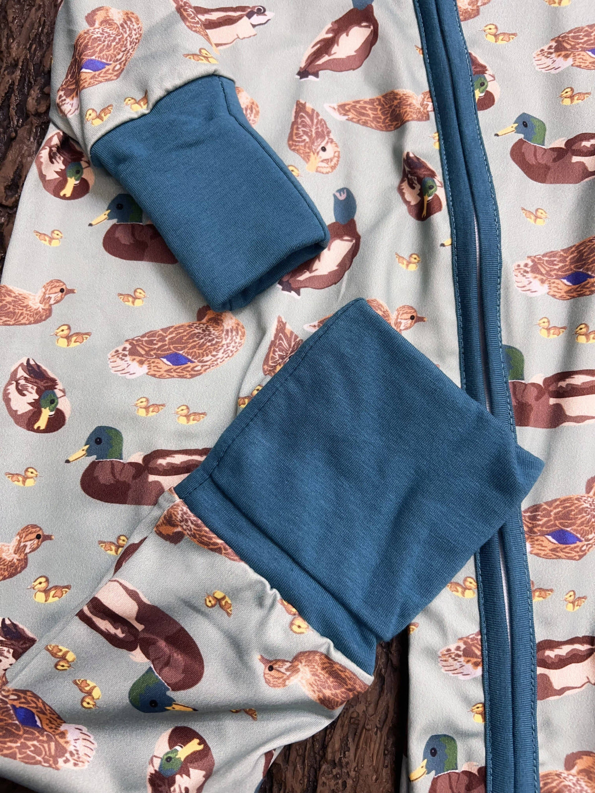 Green Mallard Duck printed baby romper w/foldable footie & hands.