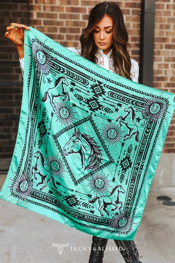 Mint Aztec Arrow Horse Double Sided Printed Wild Rag