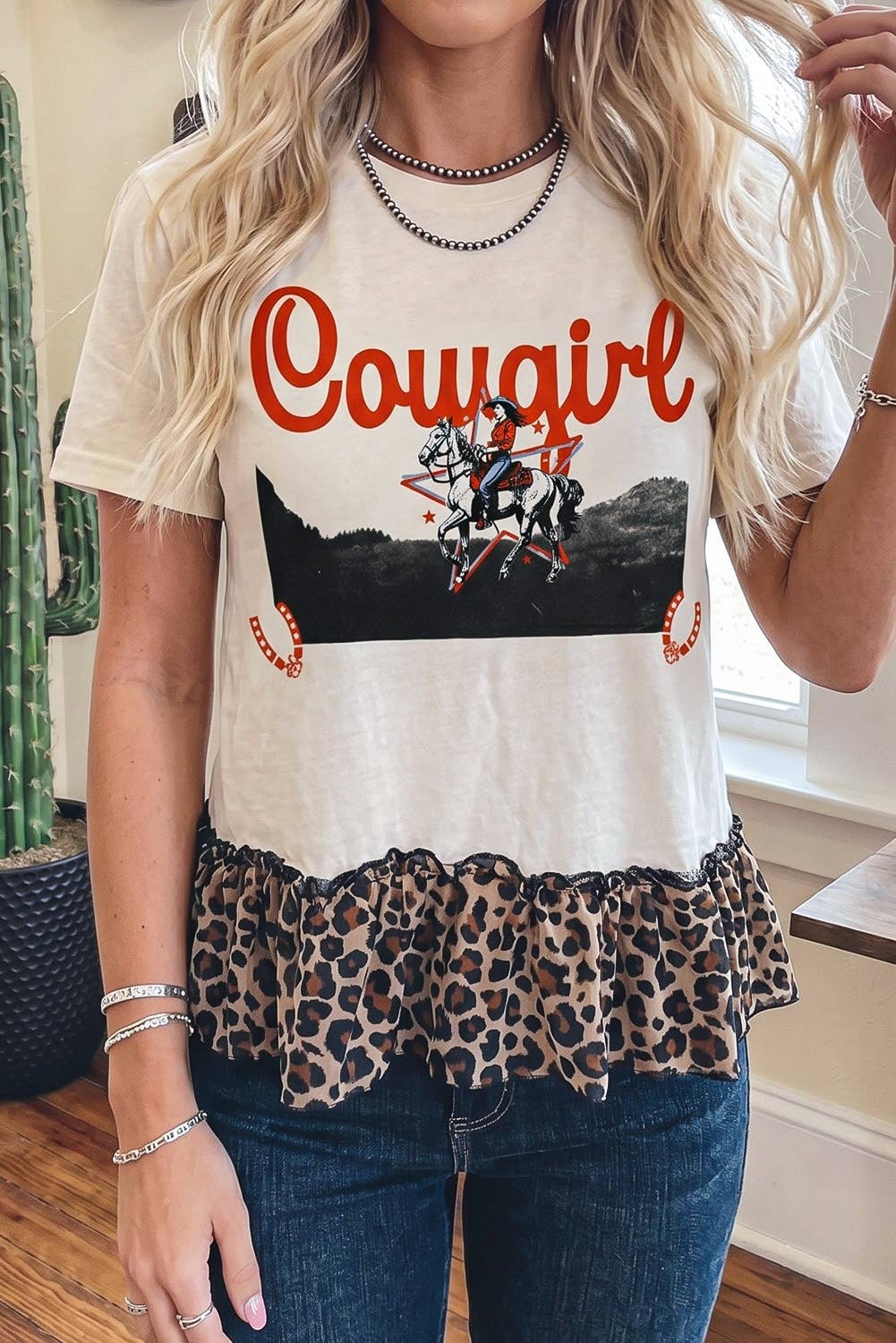 COWGIRL Western Leopard Ruffle Hem Patchwork Shirt (S-XL)