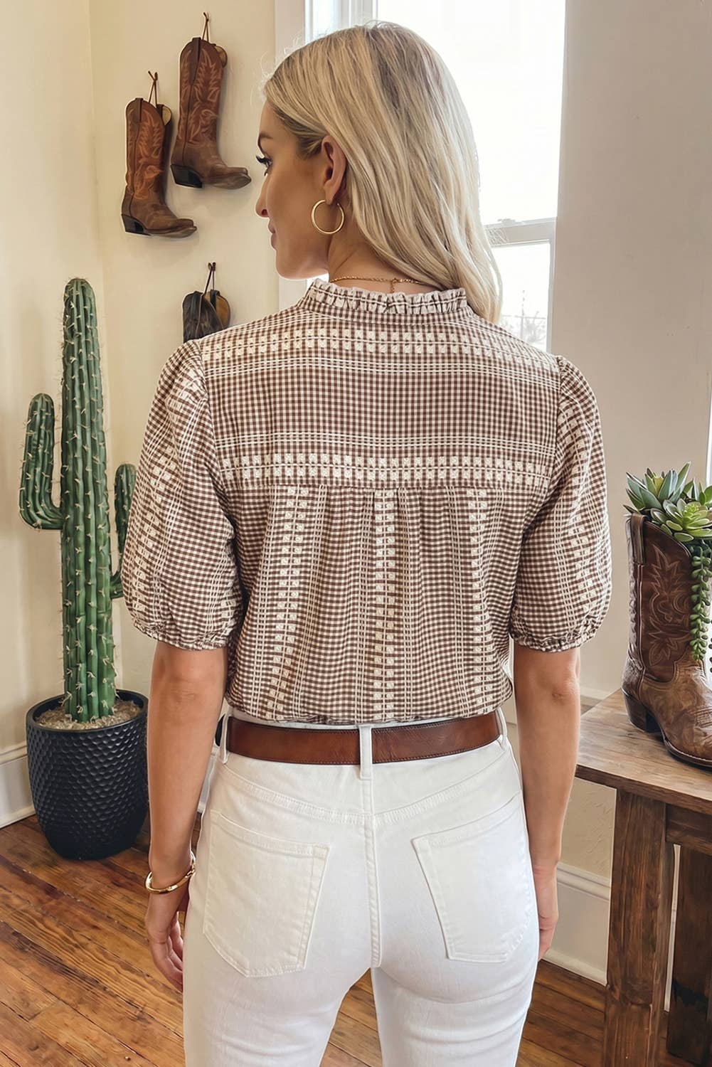 Western Pony Embroidered Yoke Puff Sleeve Blouse (S-XL)