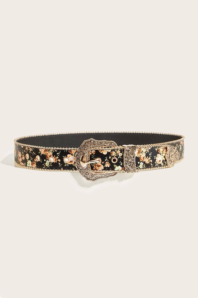 Floral Print Ornate Metal Belt