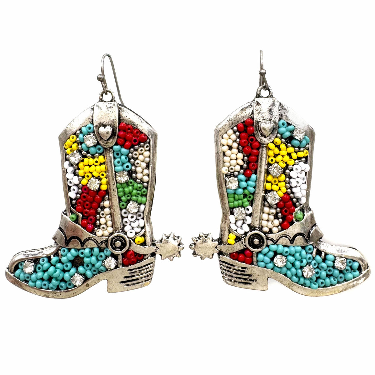 Seed Bead Cowboy Boots Spur Metal Earrings