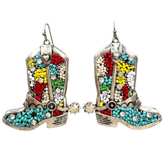 Seed Bead Cowboy Boots Spur Metal Earrings