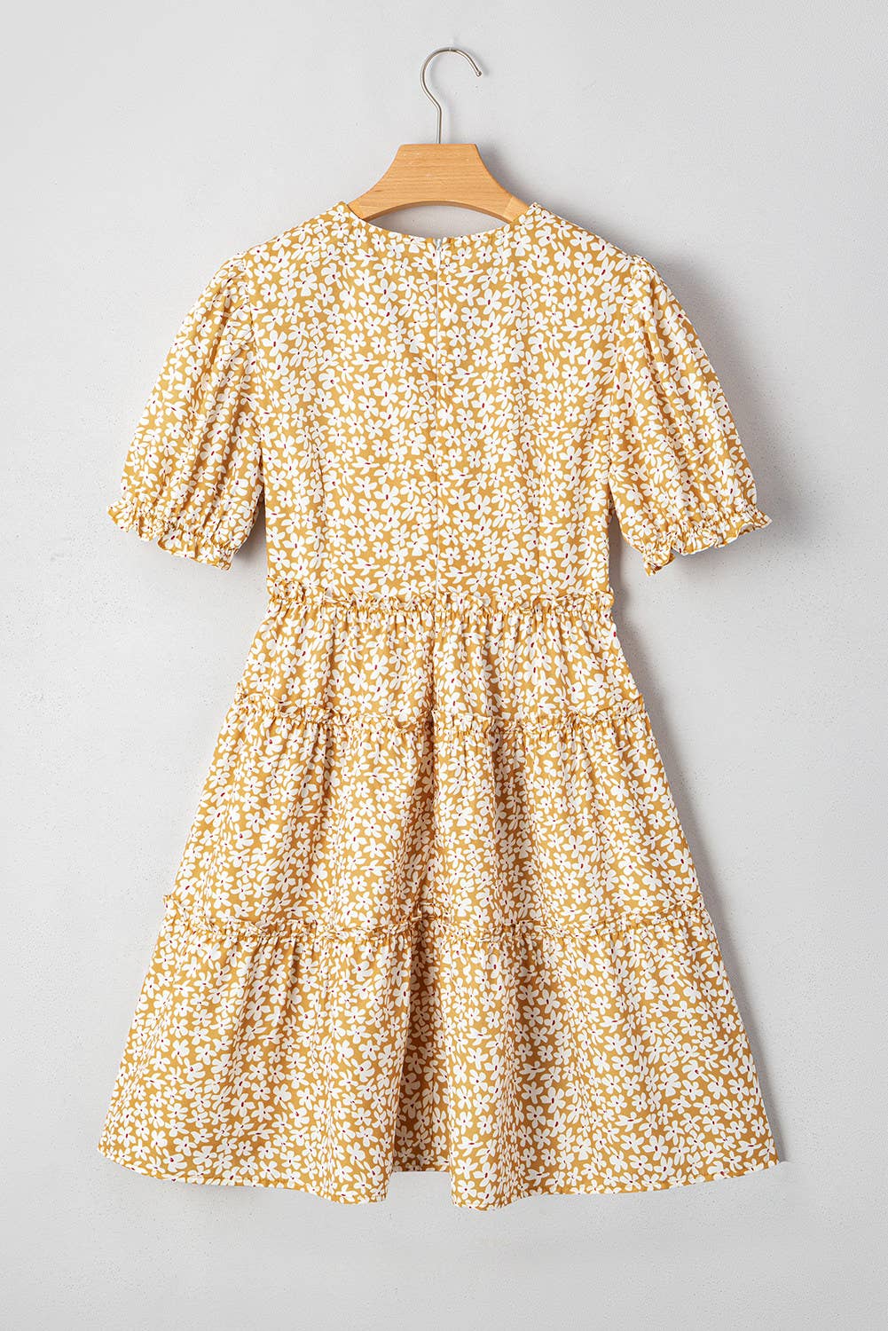 Floral Short Sleeve V Neck Frilly Tiered Mini Dress (S-XL)