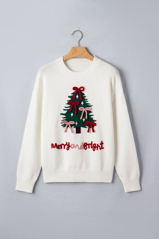 MERRY AND BRIGHT Christmas Tree Bow Knit Sweater (S-XL)